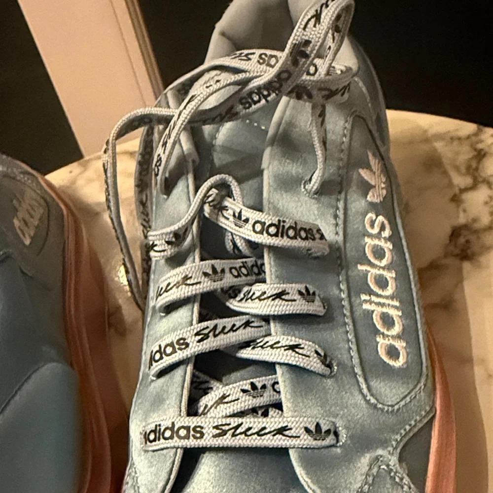 adidas Light Blue Satin Platform Sneakers with Rose Gold Sole - Picture 2 of 4